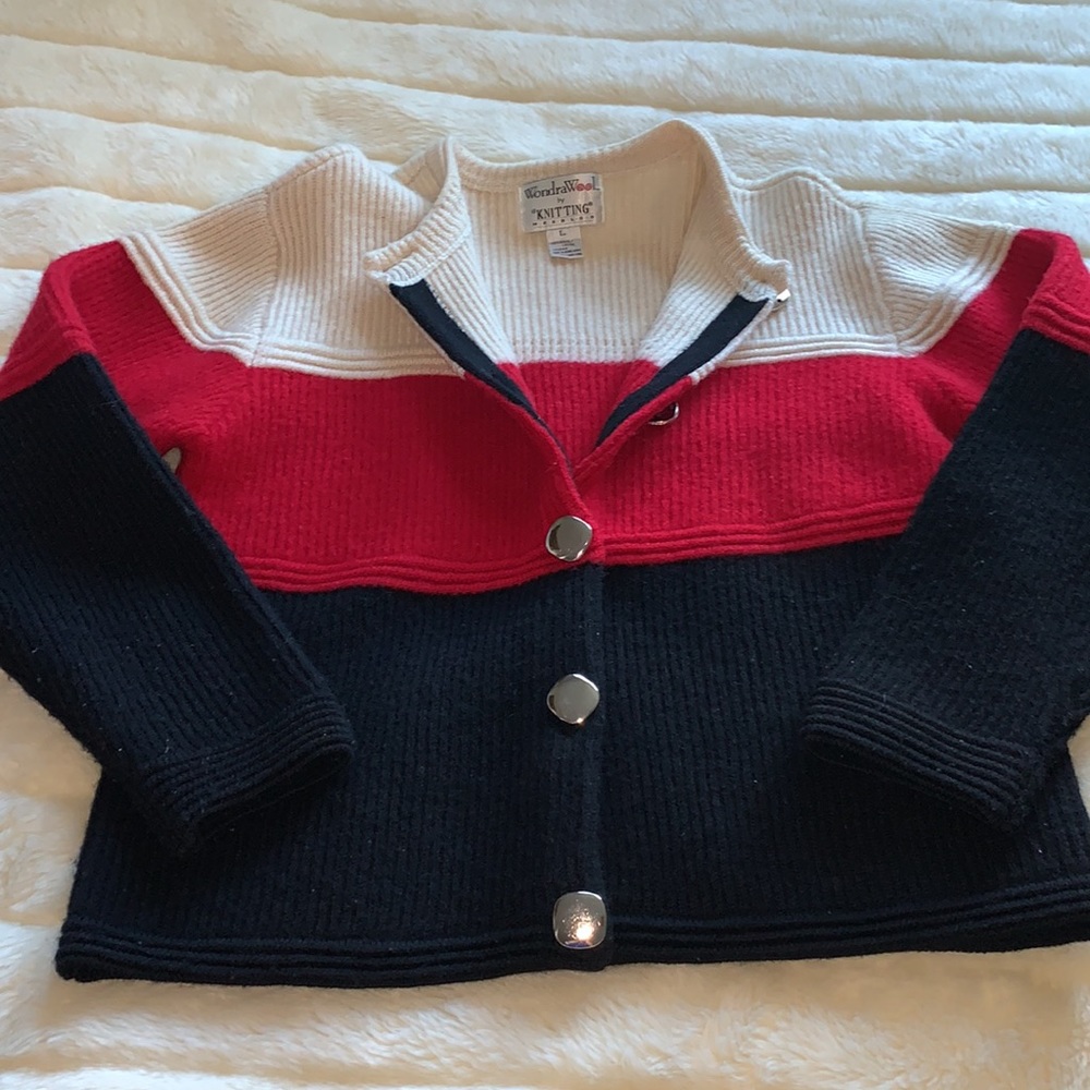 Vintage 80s 100% wool color block red cream black sweater cardigan jacket L